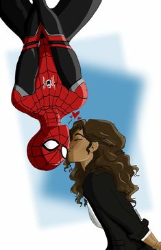 a drawing of a woman kissing a spider man in front of her face, with one hand on the other's head