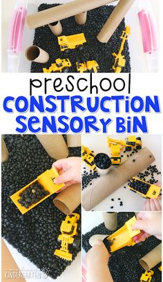 this is an easy construction activity for kids to do with black beans and construction equipment