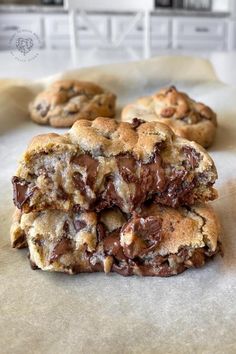 chocolate chip cookies stacked on top of each other