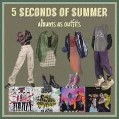 there are five different items in this poster, including clothing and shoes for the summer