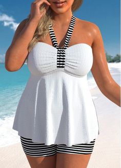 Color:White;Size:1X;Size:2X;Size:3X;Bra Style:Padded;Support:Wire Free;Pad Style:Removable;Strap Style:Adjustable;Package Contents:1 X Top , 1 X Shorts;Occasion:Sport; Plus Size Swimwear Big Belly, White Tankini, Striped Tankini, Plus Size Tankini, Swimsuits Outfits, Bra Style, Blue Jumpsuits, Lovely Tops, Swim Suits