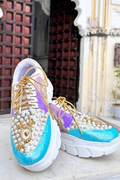 Multi-colored shoes with leaf, floral, pearls and sequins embellishments. - Aza Fashions Colored Shoes, Embellished Shoes, Luxury Sale, Leather Floral, Colorful Shoes, Enchanted Forest, Modern Bride, Synthetic Leather, Aza Fashion