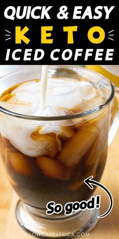 A glass filled with coffee with ice cubes and cream being poured into it with Pinterest overlay. Keto Coffee Drinks, Healthy Iced Coffee, Iced Coffee Protein Shake, Coffee Protein Shake, Caramel Frappuccino, Ketogenic Meal Plan, Keto Coffee, Resep Diet