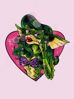 a drawing of a green fairy holding a pink heart