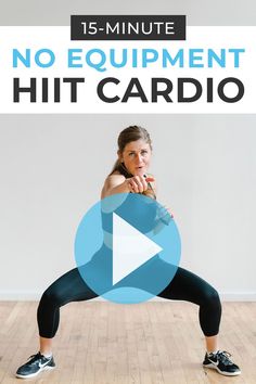 a woman doing an exercise with the words no equipment hit cardio