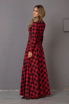 Feminine Squares Dress in Red & Black Long Autumn Dress - Etsy Bulgaria Red Holiday Dress, Christmas Dress Women, Flannel Dress, Cotton Long Dress, Mother Of The Bride Outfit, Autumn Dress, Tartan Dress, Vintage Inspired Dresses, Red And Black Plaid