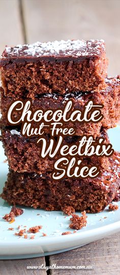 two pieces of chocolate cake on a plate with the words chocolate hut free vegatic slice