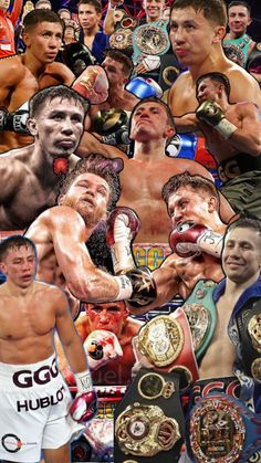 collage of mixed photos of professional boxing players and their names in multiple images, including the referee's belt