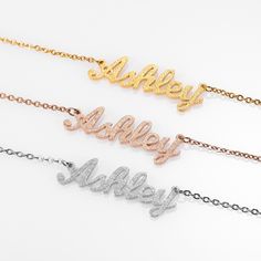 "A fanciful look of this personalized laser-cut name necklace with iced out zirconia varying from gold, silver, and rose gold. Created in high quality stainless steel, this charming design highlights the name of your choice. The one and only sweet, timeless, and unique gift for yourself and others! Production: Design-Cutting-Polishing-Cleaning-Plating-Packing-Shipment --------------------------------------------------------------------------------------------------------------------------------- Necklace Chain Types, Custom Initial Necklace, Name Pendant, Christmas Necklace, Custom Charms, Silver Jewellery Sets, Personalized Pendant, Custom Pendants, Name Jewelry