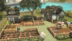 an animated model of a small garden with lots of plants and houses in the background