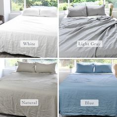 four different types of bedspreads with pillows and blankets on them, all labeled in white