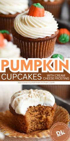 pumpkin cupcakes with cream cheese frosting on top and the title overlay reads pumpkin cupcakes with cream cheese frosting