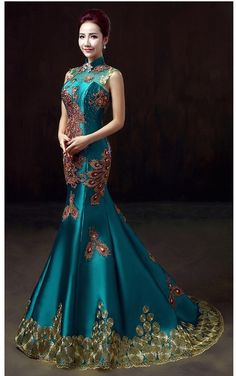 Traditional Chinese fashion Embroidered Mermaid Chinese Phoenix Gown Qipao Ornate Jewelry, Peacock Dress, Red Lehenga, Qipao Dress, فستان سهرة, Cheongsam Dress, Chinese Wedding, Intricate Embroidery, Color Dress