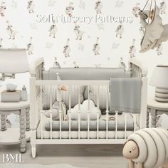 there is a baby crib with stuffed animals in it and other furniture around it