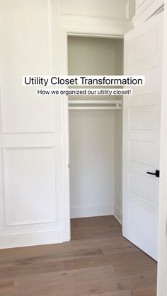 an empty closet with white walls and wood flooring is featured in the article utility closet transformation