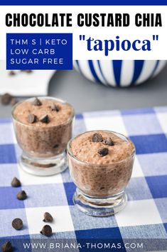 two glasses filled with chocolate custard chia pudding on top of a blue and white checkered table cloth