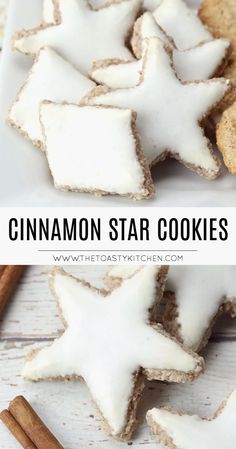 cinnamon star cookies with white icing and cinnamon sticks