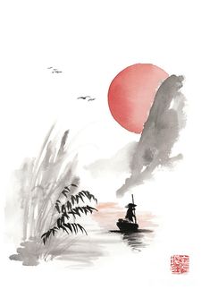 a painting of a boat in the water with a red sun behind it and birds flying above