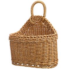 a wicker basket is shown on a white background, with the handle hanging down