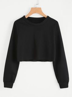 Basic Pullover Crop SweatshirtFor Women-romwe Spring Sweatshirt, Long Neck, Sweatshirt Women, Girls Fashion Clothes, Crop Sweatshirt, Teen Fashion Outfits, Black Crop, Black Crop Tops