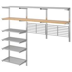 a metal shelving unit with wooden shelves