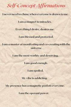 a piece of paper with words on it that say self - conception affirmations