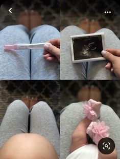 two pictures of a person laying on the floor with their legs crossed and holding a toothbrush