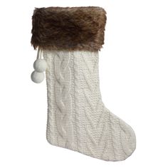 Holiday Stockings - Off-White Knit HangRight?« Stocking With Brown Fur Cuff And Pom Poms, 20 Inches Neutral Holiday Decor, Knit Stocking, Christmas Decorations Apartment, Christmas Apartment, Stocking Hanger, Knit Stockings, White Stockings, A White Christmas, Hanging Stockings