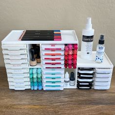 the container is filled with markers, pens and other crafting supplies that are organized