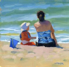 a painting of two people sitting on the beach