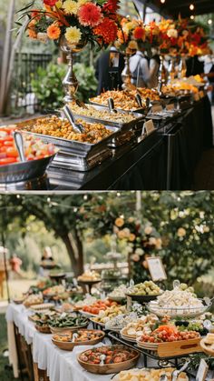 a buffet table filled with lots of food