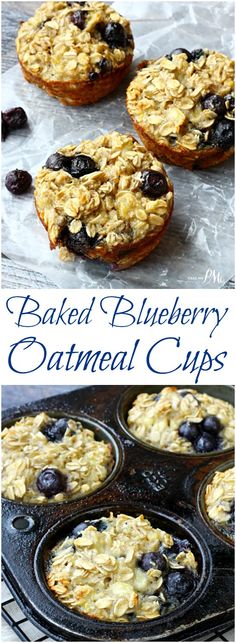 baked blueberry oatmeal cups in a muffin tin with the title above it