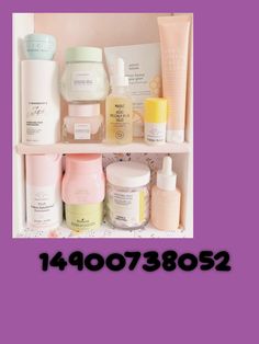 a shelf filled with lots of different types of skin care products on top of a purple background