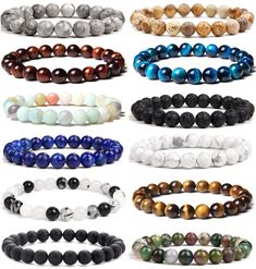 PRICES MAY VARY. Affordable Semi-preious Gemstone Bracelet Set-- Each order you will receive 12 bead bracelets in different colors and styles, including white howlite,amazonite,lava rock stone ,yellow tiger eye,map stone,indian agate,red tiger eye,lapis lazuli,rutilated quartz, blue tiger eye,matte,picture jasper etc,the style and quantity can fully meet your daily dress requirements,economical price,deserve to purchase. Quality Material-These bead bracelet are made of natural stone bead,Simple Gemstone Beaded Bracelets Mens, Mens Gemstone Bracelets, Beaded Bracelets For Men, Women Healing, Jewelry Care Instructions, Stone Healing, Crystal Beads Bracelet, Gemstone Beaded Bracelets, Mens Beaded Bracelets