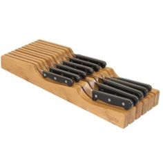 Keep all your knives organized, sharp, and ready to use, with the Oceanstar Bamboo Knife Organizer. Made with 100% strong bamboo, the elegant knife organizer is not only durable but also prevents your knives from being damaged or dull. It can hold up to eleven knives. The modern and unique wavy design acts as a divider for the knives and is easy to store and remove them. The Oceanstar Bamboo Knife Organizer will compliment your kitchen countertop or drawer and is also an ideal gift and kitchen accessory for the contemporary lifestyle. Features: 100% bamboo Can hold up to 11 knives Contemporary style Easy to remove and store knives Easy to wash and maintain Dry the knives completely before storage Dimensions: L 17 x W 6.12 x H 2.25 inches Item weight: 3 lbs Benefits Organizes all your knive Drawer Knife Block, Bamboo Silverware, Knife Organizer, Knife Organization, Bamboo Kitchen, Rev A Shelf, Drawer Inserts, Wavy Design, Kitchen Cutlery