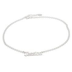 This anklet set in sterling silver can be personalized with a single line of text, from 2 to 8 characters in length. The design is centered along a 10.0-inch rolo chain,with additional closure rings at 9.0 and 9.5 inches, that secures with a spring-ring clasp. Personalized Adjustable Silver Anklets, Personalized Adjustable Elegant Anklet, Elegant Personalized Adjustable Anklet, Personalized Silver Anklets, Silver Adjustable Name Necklace, Adjustable Sterling Silver Custom Name Necklace, Silver Nameplate Bracelet With Names, Alternative Metal, Chain Anklet