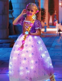 PRICES MAY VARY. Size:this princess dress for girls age from 3-7 years old. the top with elastic cotton and sequin materila, very easy to wear. ¡¾LED lights up¡¿LED lights princess costumes are designed to make your precious children become the most dazzling princess in the crowd, and the light up princess costumes design also allows children to play with more confidence and enjoy the fun brought by the party. ¡¾Comfortable fabric¡¿this halloween costumes for girls with 60% cotton,40% tulle, wil Halloween Costumes 8 Year Girl, Party Outfit Purple, Light Up Dress, Purple Princess Dress, Costumes Design, White Princess Dress, Light Up Costumes, Light Up Dresses, Dark Clothes