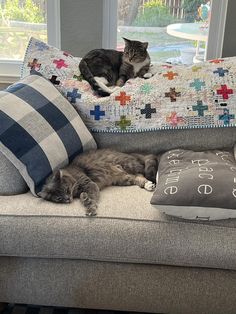 two cats are laying on the couch with pillows and pillow cases in front of them