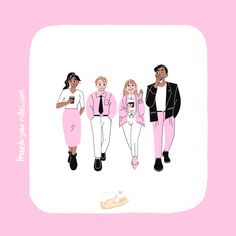 an illustration of three people dressed in pink