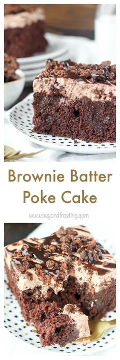 brownie batter poke cake on a white plate