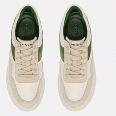 Vince Warren-Court Leather And Suede Sneaker Color Palm Leaf Brand Size 8 A Timeless Sporty Silhouette Is Elevated With A Platform Midsole On Our Supple Leather And Suede Warren Court Sneaker Lace Up Closure Apron Toe Professional Clean Only 100% Leather Imported Cream Leather Sneakers With Contrasting Heel Counter, Cream Leather Sneakers With Contrasting Heel, White Suede Sneakers With Removable Insole, Spring Green Sneakers With Leather Sole, Vince Sneakers, Espadrille Sneakers, Chic Sneakers, Black Leather Sneakers, Lacing Sneakers