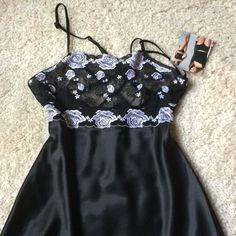 Brand New With Tags Black Shortie Slip Nightie With Gorgeous Lace Bodice And Adjustable Spaghetti Straps. Never Worn In Perfect Condition With Tag Showing $68 Original Price. Size Small. 14” Across Bodice Just Under Lace And Fits 32/34 Bust. Black Satin Sleepwear With Lace Trim, Black Satin Camisole Sleepwear, Black Satin Nightgown For Night Out, Coquette Satin Sleepwear For Night Out, Black Satin Party Nightgown, Fitted Black Lace Trim Sleepwear, Fitted Coquette Sleepwear For Night, Coquette Fitted Sleepwear For Night, Black Satin Nightgown For Evening