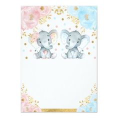 two elephants are sitting next to each other in front of a floral background with gold foil