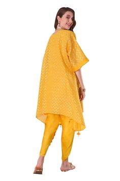 Yellow kimono style kurta with gota, thread, shell tassel embroidery in wave pattern. Paired with slip and scallop dhoti pant. - Aza Fashions Sheer Dupatta Set For Eid Puja, Sheer Dupatta Set For Puja And Eid, Sheer Dupatta Sets For Puja On Eid, Sheer Dupatta Sets For Puja During Eid, Eid Puja Set With Sheer Dupatta, Eid Tunic Sets With Dupatta, Bollywood Style Tunic Sets With Zari Work, Cotton Silk Sets With Traditional Drape For Navratri, Navratri Cotton Silk Sets With Traditional Drape