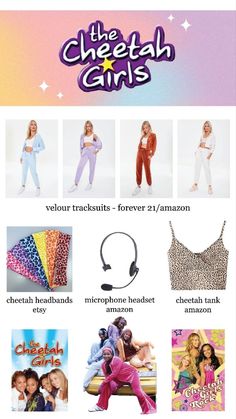 an advertisement for the cheetah girls with different outfits and headphones on it