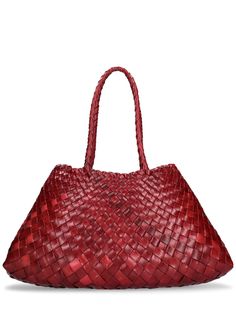 Height: 23cm Width: 44cm Depth: 14cm. Handle drop: 22cm. Double top handles. Unlined Red Leather Bag With Rolled Handles, Red Evening Bag With Intrecciato Weave, Red Intrecciato Weave Shoulder Bag For Daily Use, Red Tote Shoulder Bag With Intrecciato Weave, Red Top Handle Bag With Intrecciato Weave, Red Top Handle Shoulder Bag With Braided Handles, Elegant Red Shoulder Bag With Intrecciato Weave, Elegant Red Shoulder Bag With Braided Handles, Red Intrecciato Weave Shoulder Bag For Shopping