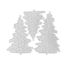 three white christmas trees with snow on them, one is in the shape of a tree