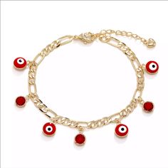 Material 14k Gold Plated. Red Evil Eye Bracelet /Clasp Type Lobster Red 14k Gold Dainty Bracelet, Red Metal Chain Bracelet Gift, Red Metal Chain Bracelet For Gift, Dainty Red Dangle Jewelry, Dainty Red Round Jewelry, Gift Red 14k Gold Bracelet, Red Metal Bracelet With Adjustable Chain, Red Charm Bracelet With Lobster Clasp As Gift, Red Bracelet With Adjustable Chain As Gift