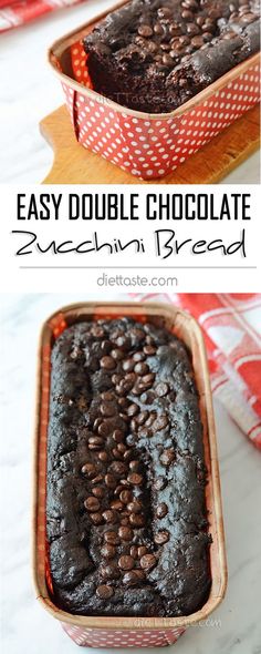 chocolate cake in a baking pan with the words easy double chocolate zucchini bread