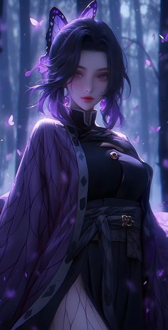 a woman with purple hair and black clothes in the woods, surrounded by butterfly wings